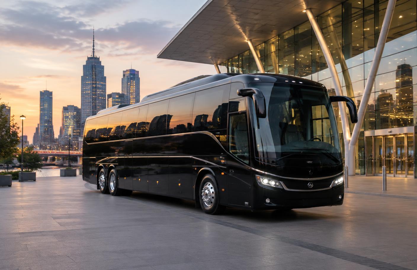 Black touring coach at a Melbourne venue