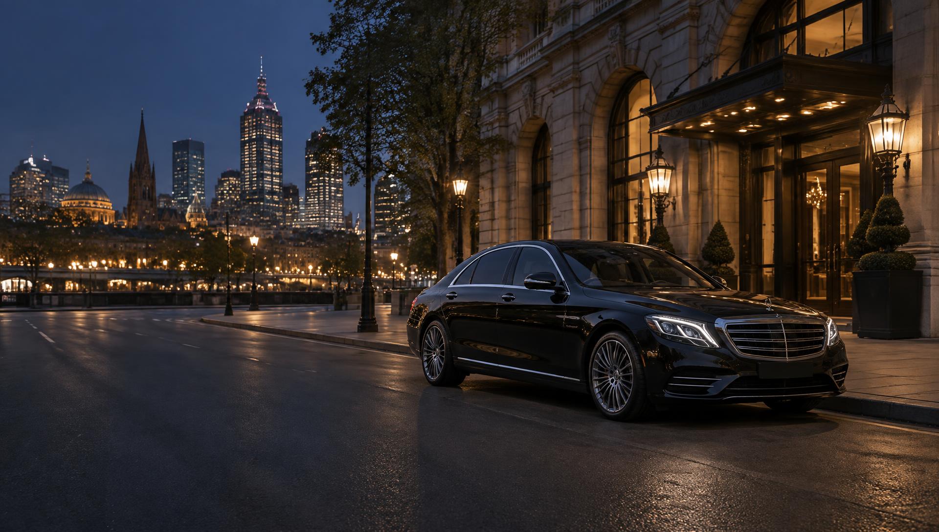 Black executive sedan in Melbourne at night